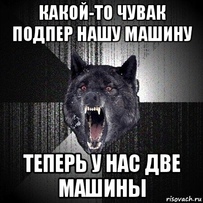 какой-то чувак подпер нашу машину теперь у нас две машины, Мем Сумасшедший волк