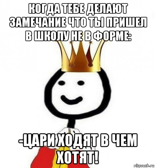 когда тебе делают замечание что ты пришел в школу не в форме: -цари ходят в чем хотят!, Мем Теребонька Царь