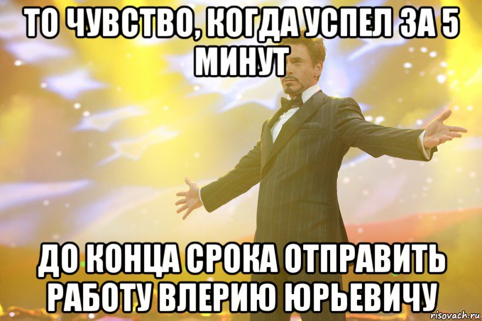 то чувство, когда успел за 5 минут до конца срока отправить работу влерию юрьевичу, Мем Тони Старк (Роберт Дауни младший)