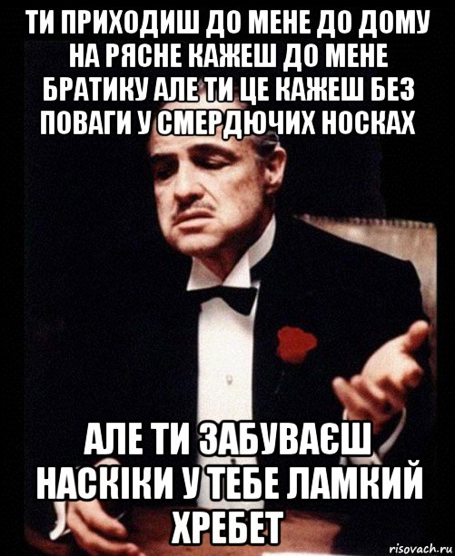 ти приходиш до мене до дому на рясне кажеш до мене братику але ти це кажеш без поваги у смердючих носках але ти забуваєш наскіки у тебе ламкий хребет, Мем ты делаешь это без уважения