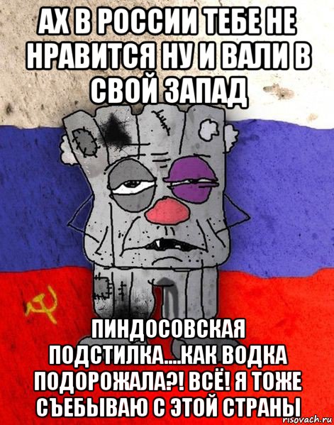 ах в россии тебе не нравится ну и вали в свой запад пиндосовская подстилка....как водка подорожала?! всё! я тоже съебываю с этой страны