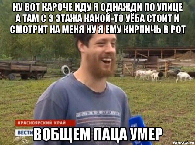 ну вот кароче иду я однажди по улице а там с 3 этажа какой-то уёба стоит и смотрит на меня ну я ему кирпичь в рот вобщем паца умер