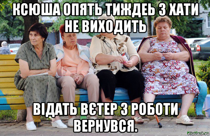 ксюша опять тиждеь з хати не виходить відать вєтер з роботи вернувся., Мем Бабушки на скамейке