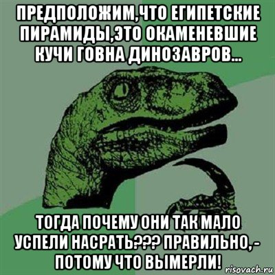 предположим,что египетские пирамиды,это окаменевшие кучи говна динозавров... тогда почему они так мало успели насрать??? правильно, - потому что вымерли!, Мем Филосораптор