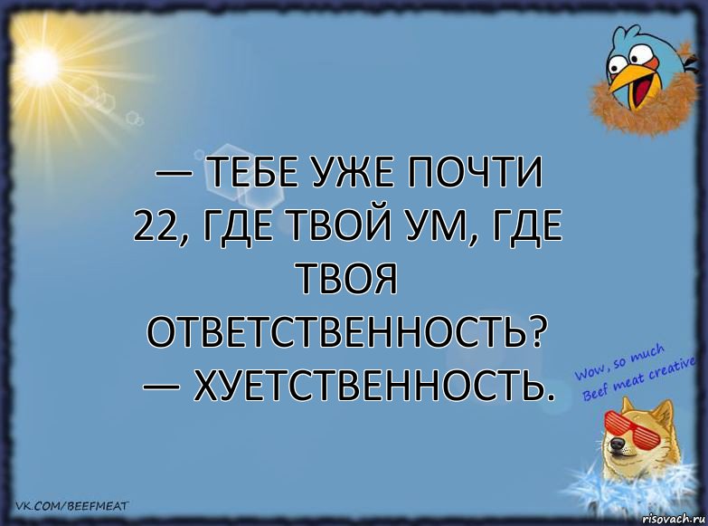 — Тебе уже почти 22, где твой ум, где твоя ответственность?
— ХУЕТСТВЕННОСТЬ., Комикс ФОН