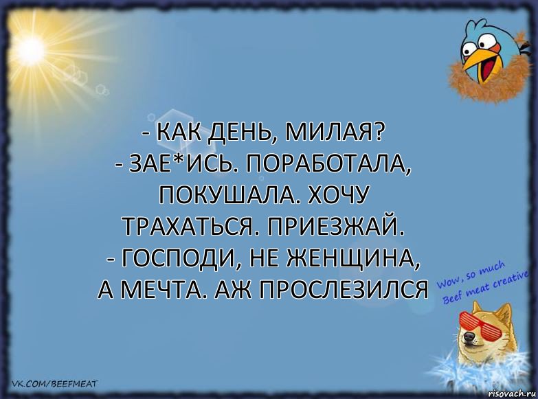 - Как день, милая?
- Зае*ись. Поработала, покушала. Хочу трахаться. Приезжай.
- Господи, не женщина, а мечта. Аж прослезился