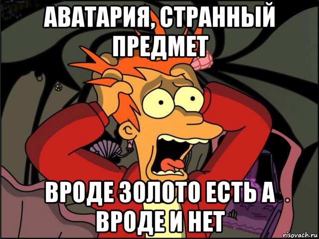 аватария, странный предмет вроде золото есть а вроде и нет, Мем Фрай в панике