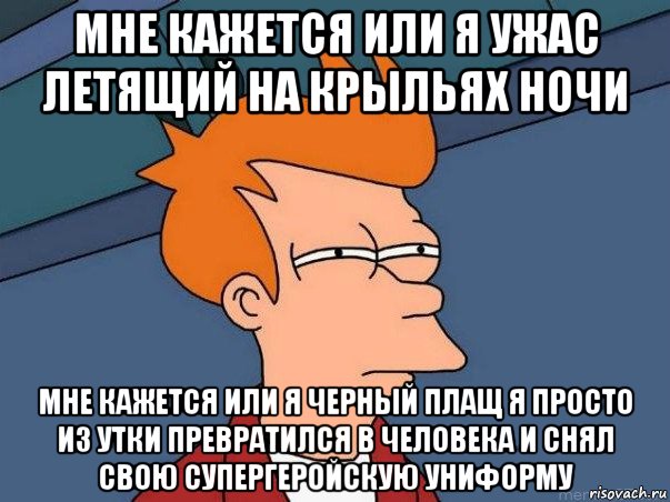 мне кажется или я ужас летящий на крыльях ночи мне кажется или я черный плащ я просто из утки превратился в человека и снял свою супергеройскую униформу, Мем  Фрай (мне кажется или)