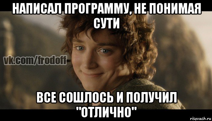 написал программу, не понимая сути все сошлось и получил "отлично", Мем  Фродо