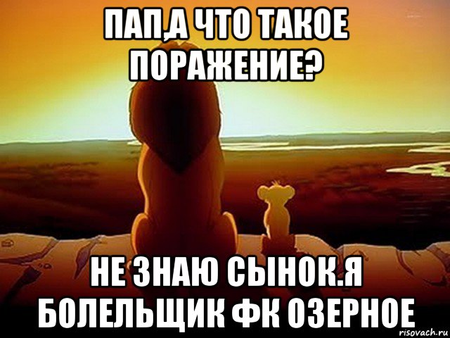 пап,а что такое поражение? не знаю сынок.я болельщик фк озерное, Мем  король лев