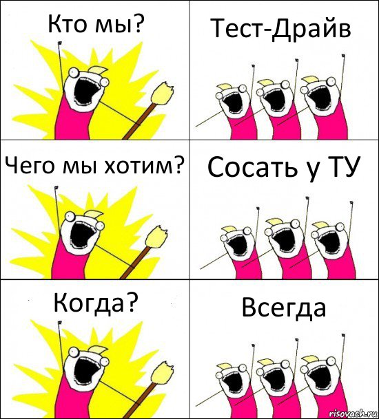 Кто мы? Тест-Драйв Чего мы хотим? Сосать у ТУ Когда? Всегда