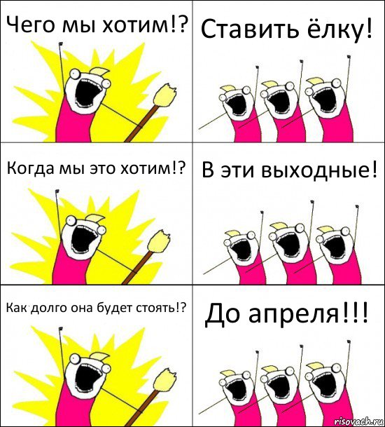 Чего мы хотим!? Ставить ёлку! Когда мы это хотим!? В эти выходные! Как долго она будет стоять!? До апреля!!!