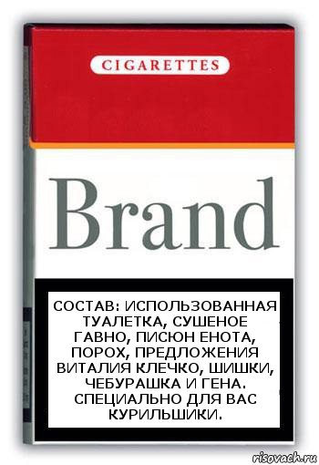 Состав: использованная туалетка, сушеное гавно, писюн енота, порох, предложения Виталия Клечко, шишки, чебурашка и Гена.
Специально для вас курильшики.