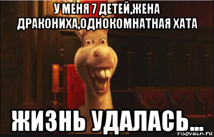 у меня 7 детей,жена дракониха,однокомнатная хата жизнь удалась..., Мем Осел из Шрека