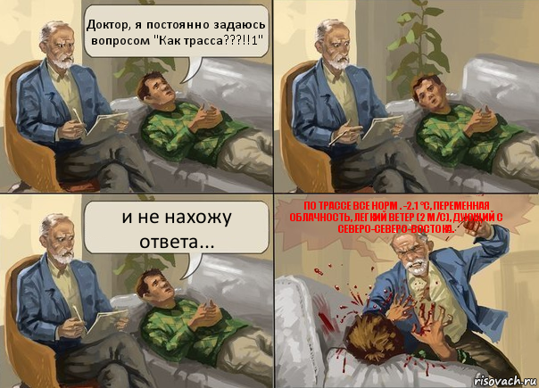 Доктор, я постоянно задаюсь вопросом "Как трасса???!!1" и не нахожу ответа... По трассе все норм . -2.1 °C, переменная облачность, легкий ветер (2 м/с), дующий с северо-северо-востока.