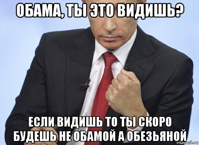 обама, ты это видишь? если видишь то ты скоро будешь не обамой а обезьяной, Мем Путин показывает кулак