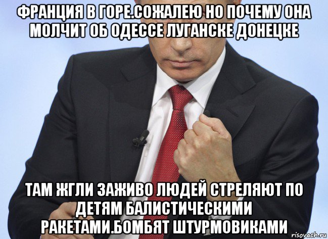 франция в горе.сожалею но почему она молчит об одессе луганске донецке там жгли заживо людей стреляют по детям балистическими ракетами.бомбят штурмовиками, Мем Путин показывает кулак