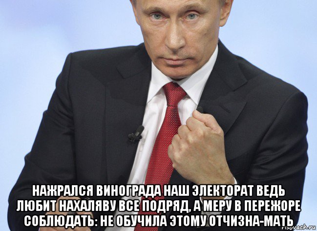  нажрался винограда наш электорат ведь любит нахаляву все подряд, а меру в пережоре соблюдать: не обучила этому отчизна-мать, Мем Путин показывает кулак