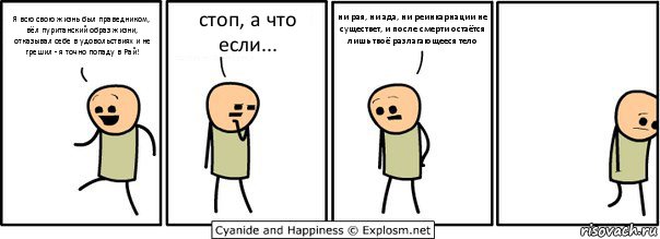 Я всю свою жизнь был праведником, вёл пуританский образ жизни, отказывал себе в удовольствиях и не грешил - я точно попаду в Рай! стоп, а что если... ни рая, ни ада, ни реинкарнации не существет, и после смерти остаётся лишь твоё разлагающееся тело, Комикс  Расстроился