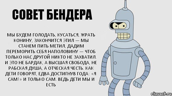 Мы будем голодать, кусаться, жрать конину, закончится этил — мы станем пить метил, дадим переморить себя наполовину — чтоб только нас другой никто не захватил. И это не бардак, а высшая свобода, не рабская душа, а отческая честь. Как дети говорят, едва достигнув года: «Я сам!» И только сам. Ведь дети мы и есть, Комикс Советы Бендера