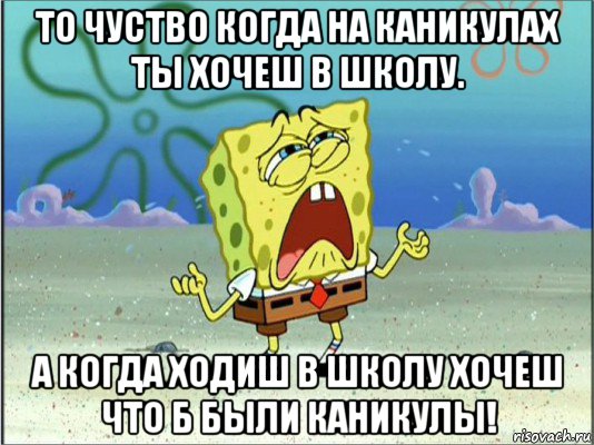 то чуство когда на каникулах ты хочеш в школу. а когда ходиш в школу хочеш что б были каникулы!, Мем Спанч Боб плачет