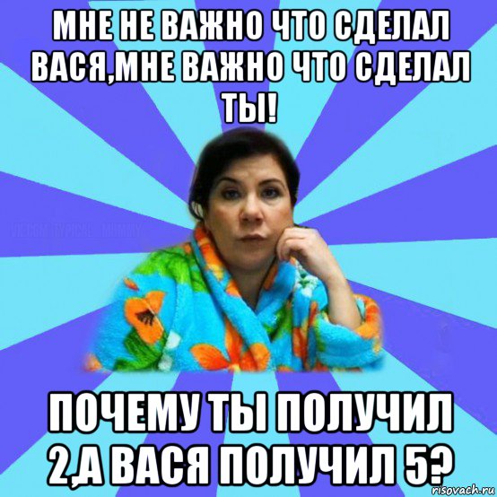 мне не важно что сделал вася,мне важно что сделал ты! почему ты получил 2,а вася получил 5?, Мем типичная мама