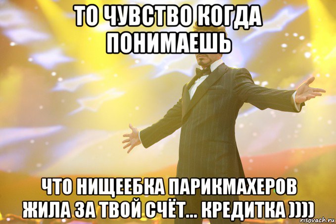 то чувство когда понимаешь что нищеебка парикмахеров жила за твой счёт... кредитка )))), Мем Тони Старк (Роберт Дауни младший)