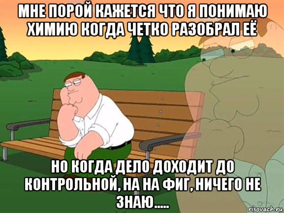 мне порой кажется что я понимаю химию когда четко разобрал её но когда дело доходит до контрольной, на на фиг, ничего не знаю....., Мем Задумчивый Гриффин