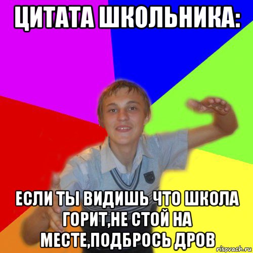 цитата школьника: если ты видишь что школа горит,не стой на месте,подбрось дров, Мем дк