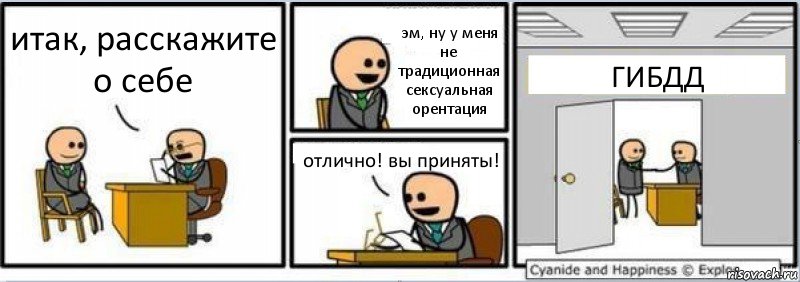 итак, расскажите о себе эм, ну у меня не традиционная сексуальная орентация отлично! вы приняты! ГИБДД, Комикс Собеседование на работу