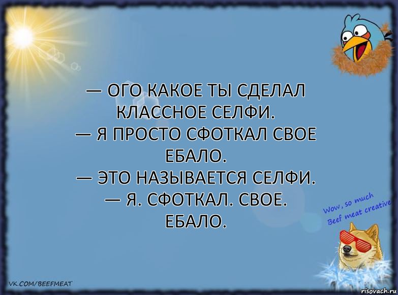 — Ого какое ты сделал классное селфи.
— Я просто сфоткал свое ебало.
— Это называется селфи.
— Я. СФОТКАЛ. СВОЕ. ЕБАЛО., Комикс ФОН