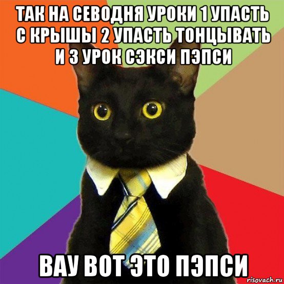 так на севодня уроки 1 упасть с крышы 2 упасть тонцывать и 3 урок сэкси пэпси вау вот это пэпси, Мем  Кошечка