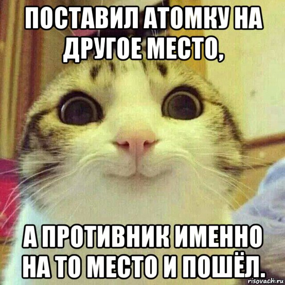 поставил атомку на другое место, а противник именно на то место и пошёл., Мем       Котяка-улыбака