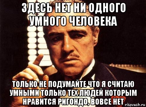 здесь нет ни одного умного человека только не подумайте что я считаю умными только тех людей которым нравится ригондо, вовсе нет, Мем крестный отец