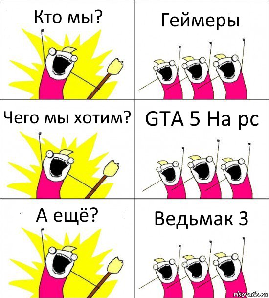 Кто мы? Геймеры Чего мы хотим? GTA 5 На pc А ещё? Ведьмак 3