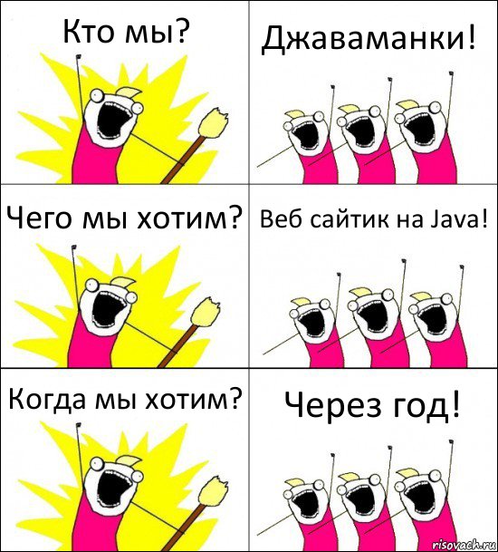 Кто мы? Джаваманки! Чего мы хотим? Веб сайтик на Java! Когда мы хотим? Через год!