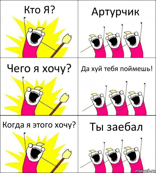 Кто Я? Артурчик Чего я хочу? Да хуй тебя поймешь! Когда я этого хочу? Ты заебал