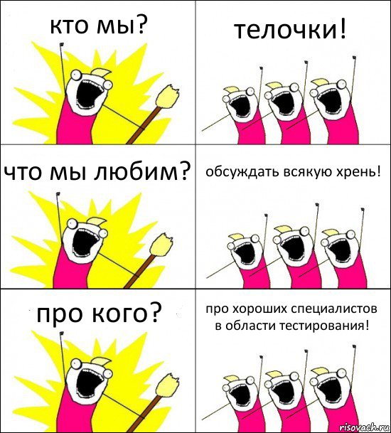 кто мы? телочки! что мы любим? обсуждать всякую хрень! про кого? про хороших специалистов в области тестирования!