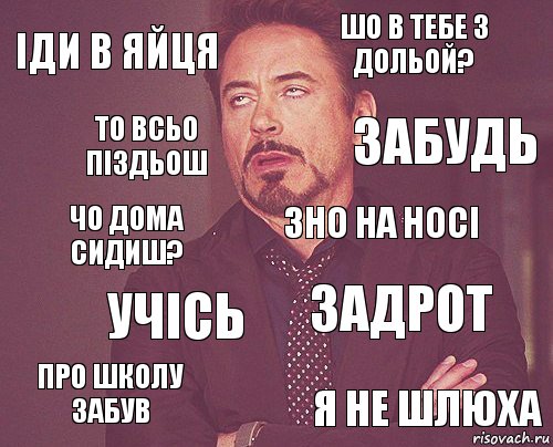 іди в яйця шо в тебе з дольой? чо дома сидиш? про школу забув задрот ЗНО на носі учісь я не шлюха то всьо піздьош забудь, Комикс мое лицо