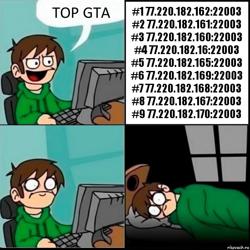 TOP GTA #1 77.220.182.162:22003
#2 77.220.182.161:22003
#3 77.220.182.160:22003
#4 77.220.182.16:22003
#5 77.220.182.165:22003
#6 77.220.182.169:22003
#7 77.220.182.168:22003
#8 77.220.182.167:22003
#9 77.220.182.170:22003, Комикс   не уснуть