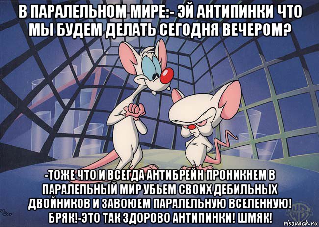 в паралельном мире:- эй антипинки что мы будем делать сегодня вечером? -тоже что и всегда антибрейн проникнем в паралельный мир убьем своих дебильных двойников и завоюем паралельную вселенную! бряк!-это так здорово антипинки! шмяк!, Мем ПИНКИ И БРЕЙН