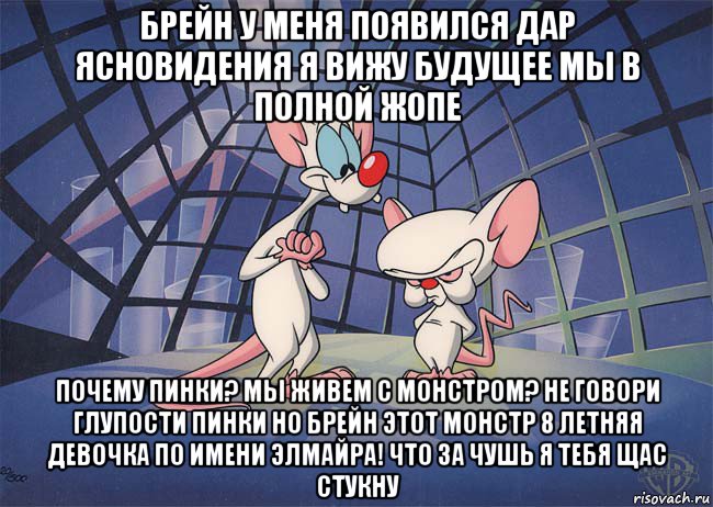 брейн у меня появился дар ясновидения я вижу будущее мы в полной жопе почему пинки? мы живем с монстром? не говори глупости пинки но брейн этот монстр 8 летняя девочка по имени элмайра! что за чушь я тебя щас стукну, Мем ПИНКИ И БРЕЙН