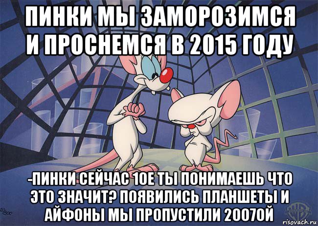 пинки мы заморозимся и проснемся в 2015 году -пинки сейчас 10е ты понимаешь что это значит? появились планшеты и айфоны мы пропустили 2007ой, Мем ПИНКИ И БРЕЙН