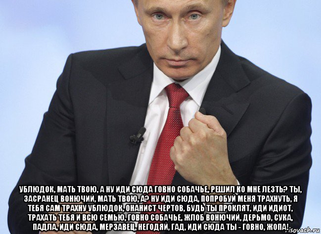  ублюдок, мать твою, а ну иди сюда говно собачье, решил ко мне лезть? ты, засранец вонючий, мать твою, а? ну иди сюда, попробуй меня трахнуть, я тебя сам трахну ублюдок, онанист чертов, будь ты проклят, иди идиот, трахать тебя и всю семью, говно собачье, жлоб вонючий, дерьмо, сука, падла, иди сюда, мерзавец, негодяй, гад, иди сюда ты - говно, жопа!, Мем Путин показывает кулак