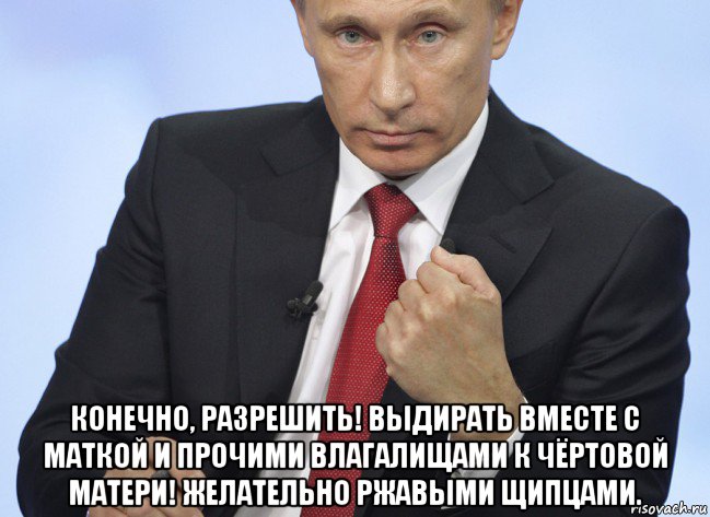  конечно, разрешить! выдирать вместе с маткой и прочими влагалищами к чёртовой матери! желательно ржавыми щипцами., Мем Путин показывает кулак