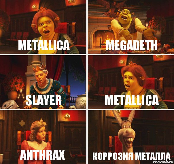 Metallica Megadeth Slayer Metallica Anthrax Коррозия металла, Комикс  Шрек Фиона Гарольд Осел