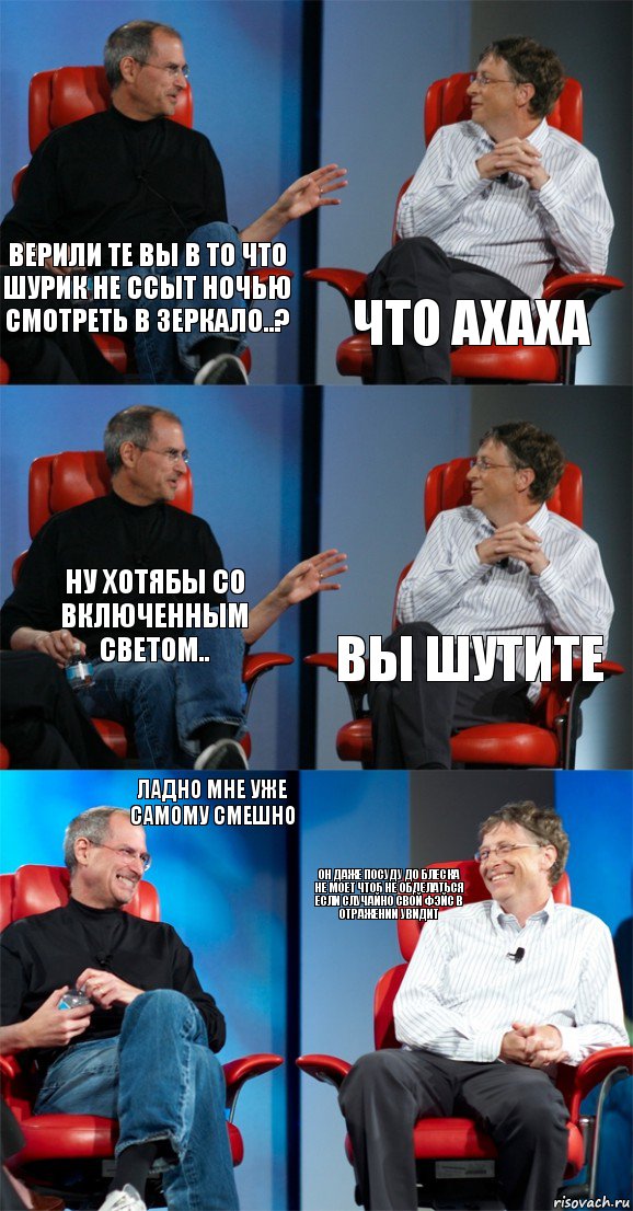 Верили те вы в то что шурик не ссыт ночью смотреть в зеркало..? что ахаха Ну хотябы со включенным светом.. Вы шутите Ладно мне уже самому смешно Он даже посуду до блеска не моет чтоб не обделаться если случайно свой фэйс в отражении увидит, Комикс Стив Джобс и Билл Гейтс (6 зон)