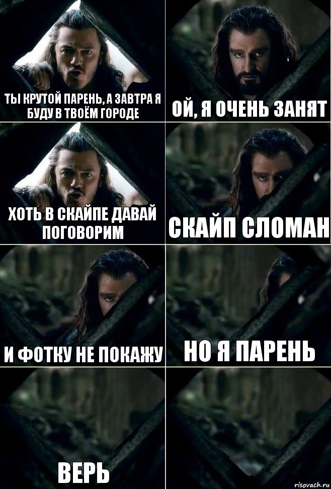 ты крутой парень, а завтра я буду в твоём городе ой, я очень занят хоть в скайпе давай поговорим скайп сломан и фотку не покажу но я парень верь , Комикс  Стой но ты же обещал