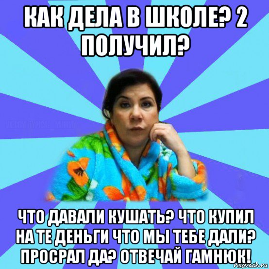 как дела в школе? 2 получил? что давали кушать? что купил на те деньги что мы тебе дали? просрал да? отвечай гамнюк!, Мем типичная мама