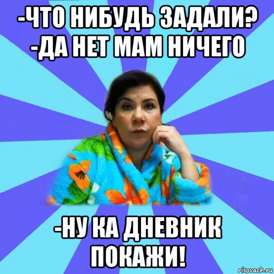 -что нибудь задали? -да нет мам ничего -ну ка дневник покажи!